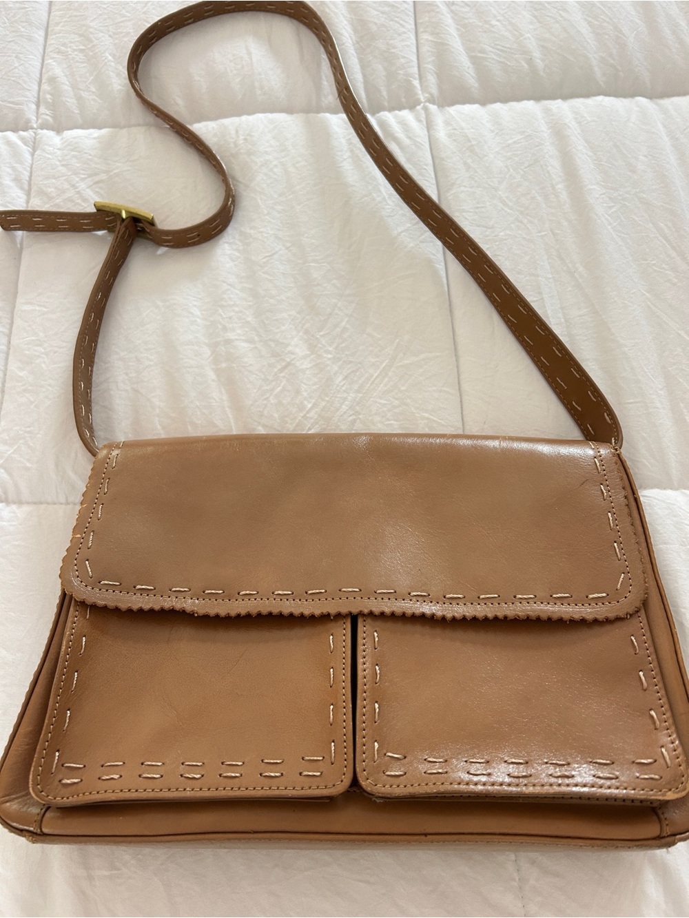 Valerie Stevens Tan Crossbody with Stitch Detail, open pocket for phone